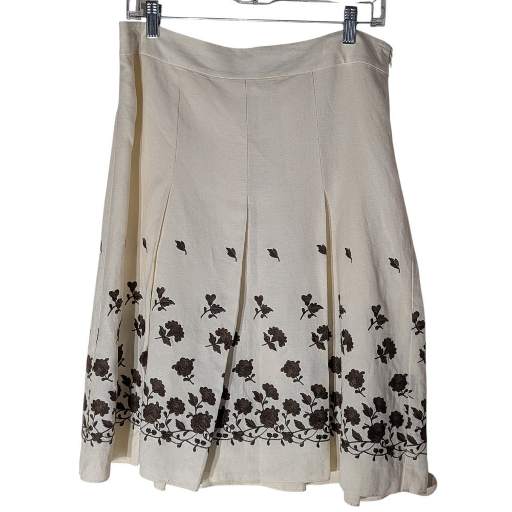 Vintage Ann Taylor Skirt 90s Linen Blend Cream Embroidered Librarian Women Eight